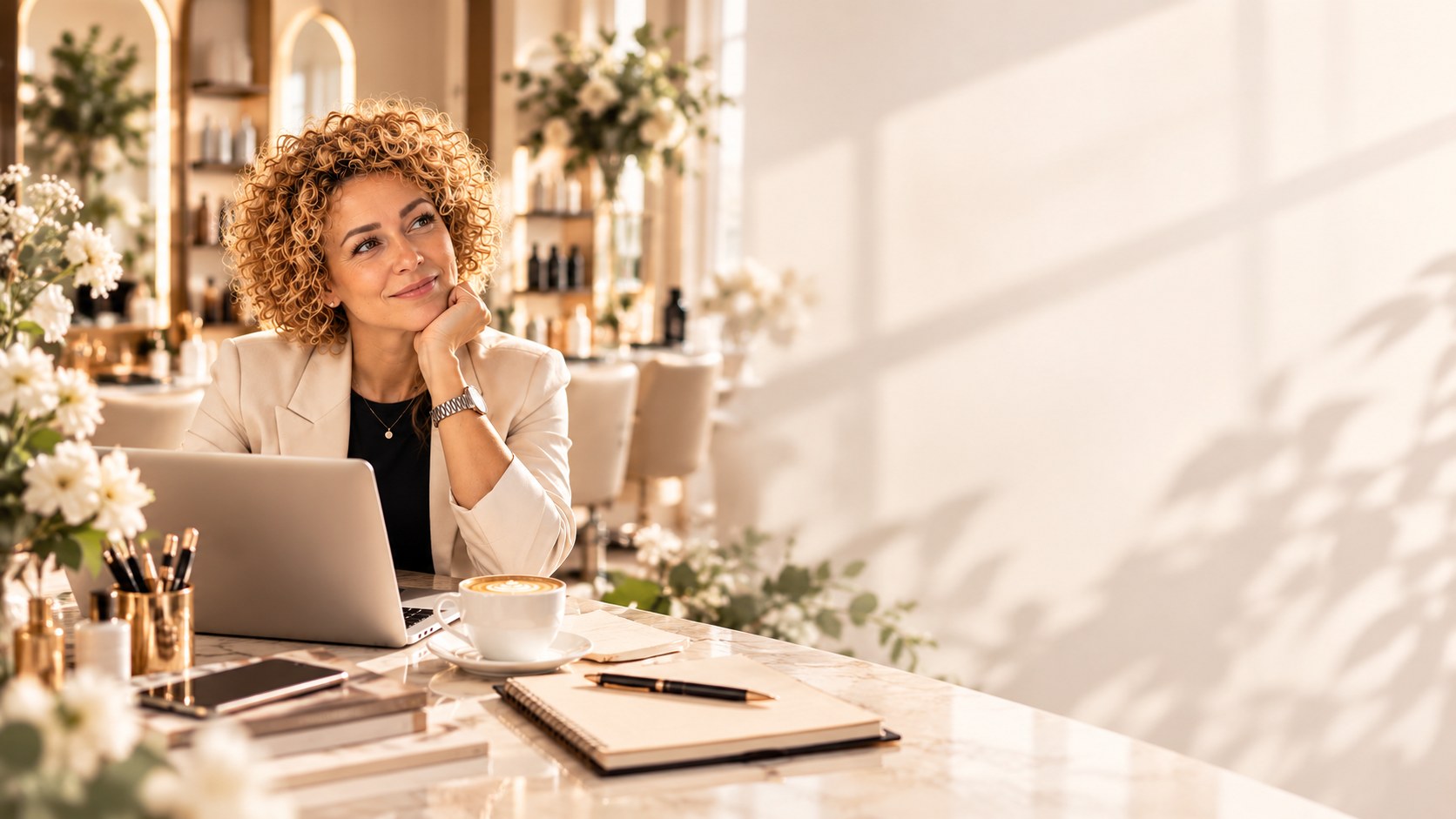 Anna, specialista di marketing digitale per attività beauty, al lavoro con il suo laptop